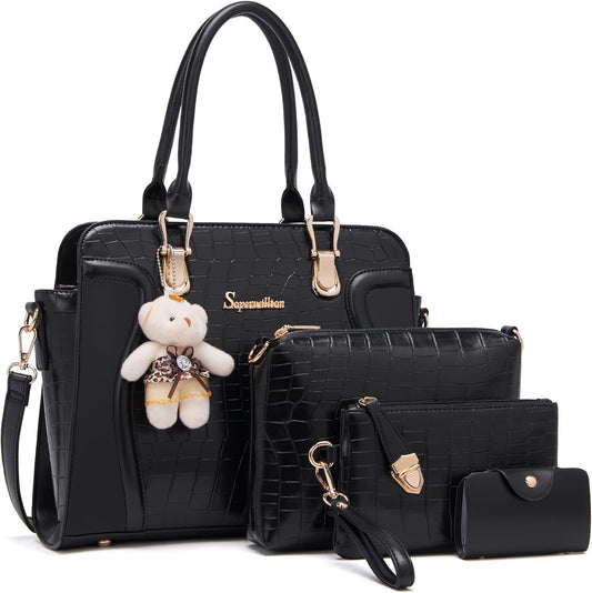 Women'S Fashion Handbags Tote Bags Shoulder Bag Top Handle Satchel Purse Set 4Pcs