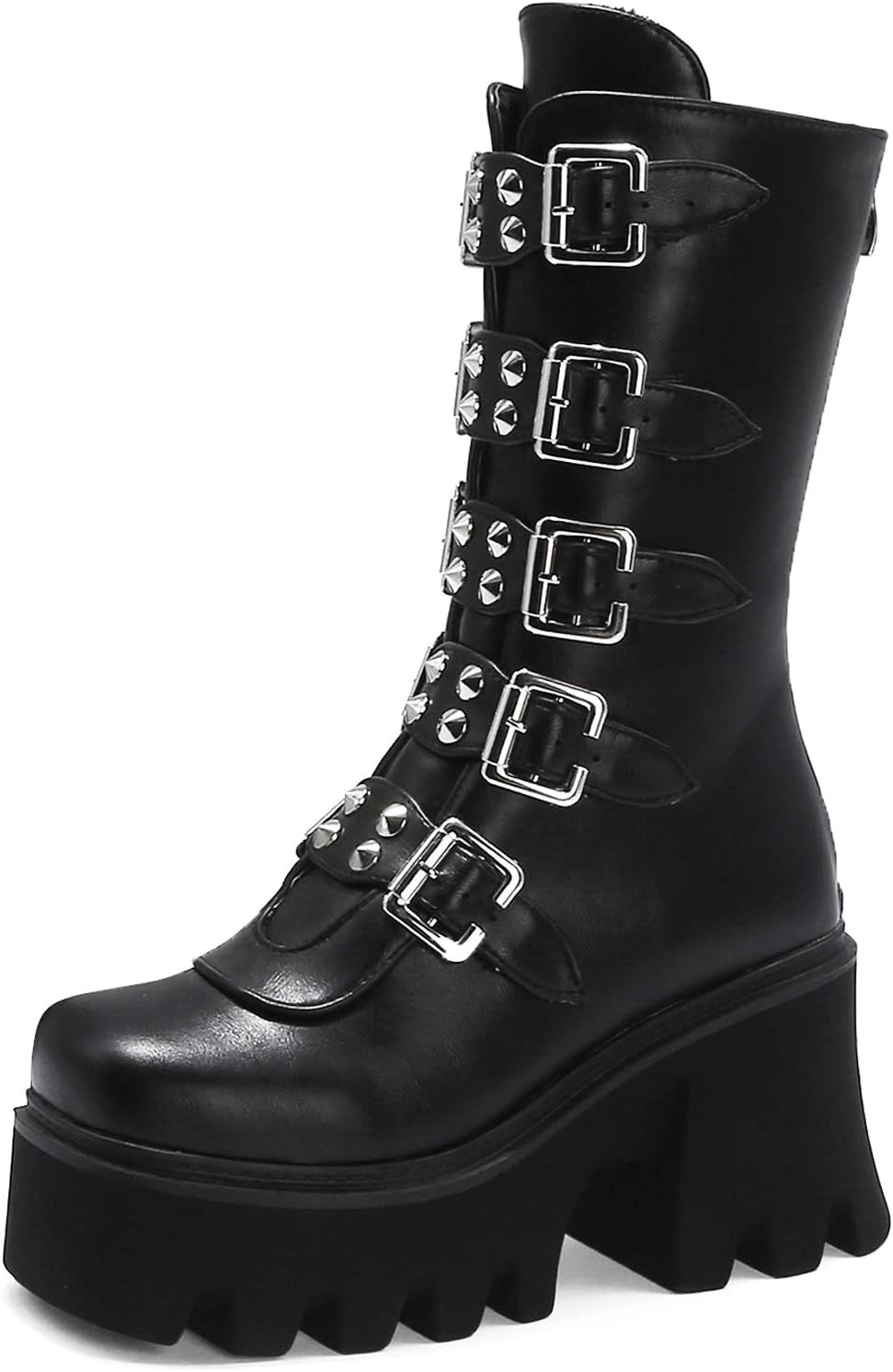 Black Platform Goth Boots for Women Studded Wide Mid Calf Combat Punk Boots round Toe Buckle Chunky Heel Back Zipper Thick Sole Ankle Booties