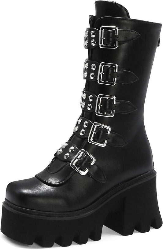 Black Platform Goth Boots for Women Studded Wide Mid Calf Combat Punk Boots round Toe Buckle Chunky Heel Back Zipper Thick Sole Ankle Booties