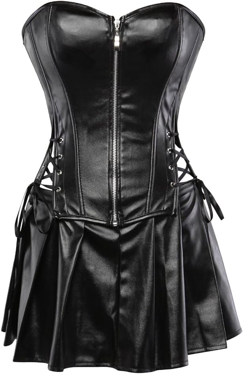 Leather Corset Tops for Women: Punk Rock Steampunk Corset with Skirt Sexy Halloween Costume Woman for Party-Goers