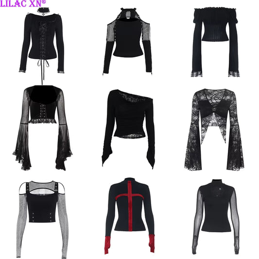 Goth Sexy Lace Mesh Flared Long Sleeve Corset Crop Tops Y2K Harajuku Vintage Aesthetic Black T-Shirts Women Tops Tees Streetwear