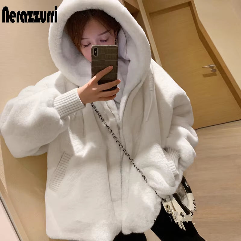 Winter White Oversized Faux Fur Jacket Women with Hood Raglan Sleeve Zipper Korean Fashion Clothing for Womens 2021