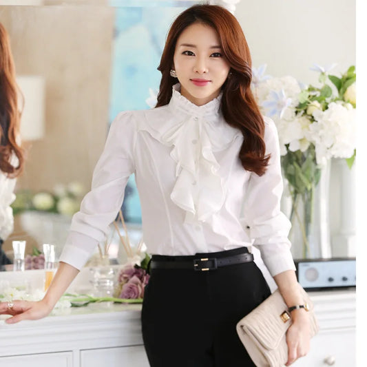 Fashion Ruffles Design Blouse Shirt Female Long Sleeve Stand Collar White Black Office Lady Work Formal Women Tops Autumn 2021