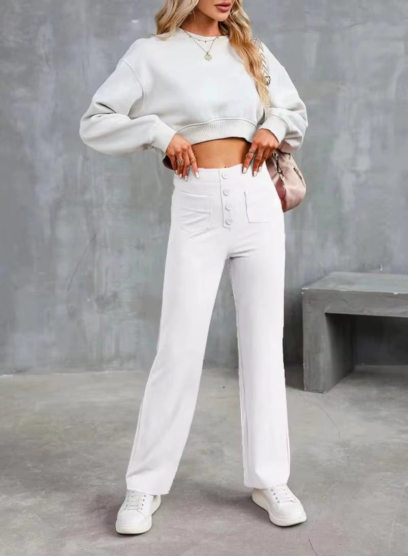 Soft Comfortable Women'S Pants High Waist Wide Leg Summer Pants Straight Loose Button Closure Elastic Pocket Casual Lady Trouser