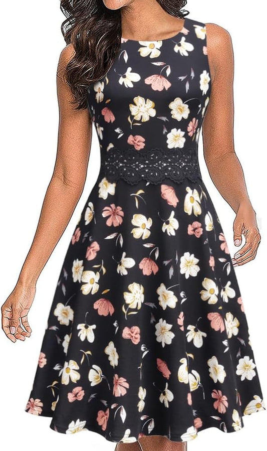 Women'S Vintage Floral Lace Flared A-Line Swing Casual Party Cocktail Dresses Sleeveless