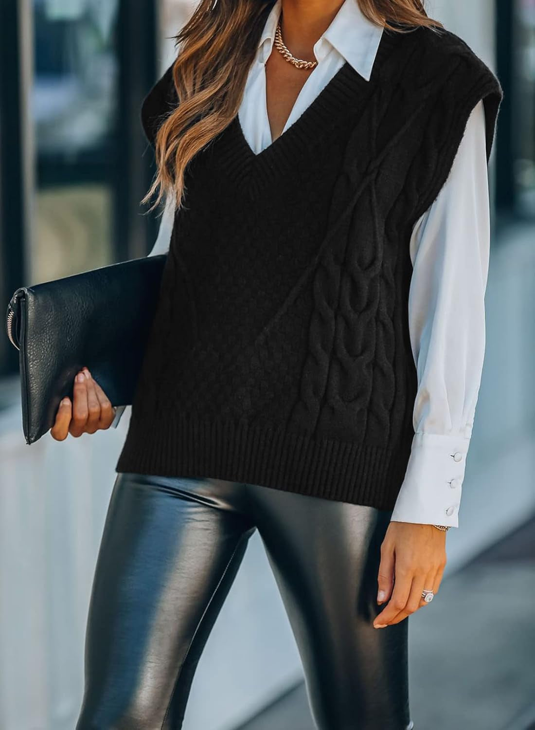Sleeveless Sweater Vests for Women Casual V Neck Preppy Style Houndstooth Vest Knitted Tank Tops