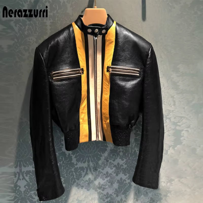Spring Short Patchwork Faux Leather Jackets for Women Long Sleeve Zipper Crop Top Runway Designer Clothes Fashion