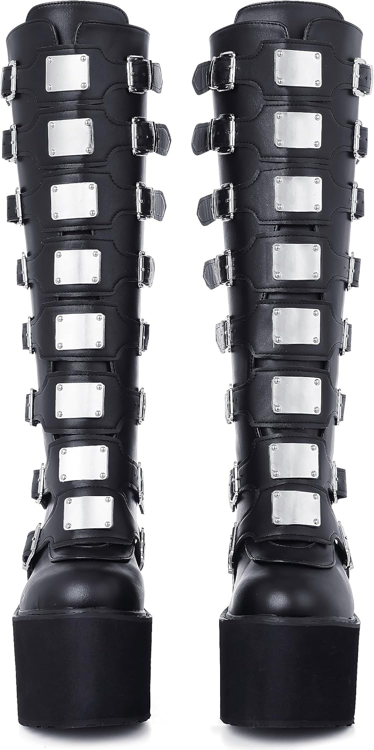 Womens Wedge Platform Knee High Boots High Heel Round-Toe Zip Punk Goth Mid Calf Combat Boots for Women
