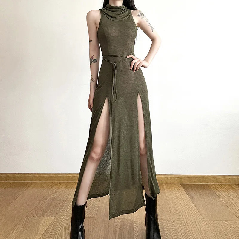 Cyber Gothic Desert Walker Hooded Dresses Y2K Punk Grunge Hollow Out Midi Dress Women Sexy Split Side Solid Streetwear