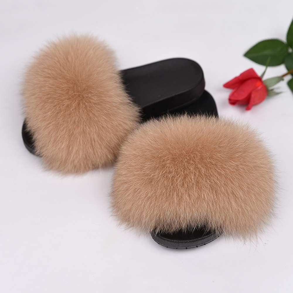 Real Fox Fur Slides for Women - Fluffy Fur Slippers Open Toe Flat Sandals for Outdoor