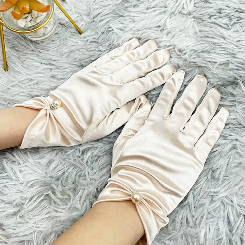 White Satin Bride Gloves Bowknot Lace Wedding Gloves Wedding Dress Gloves Etiquette Hand Wedding Dress Accessories