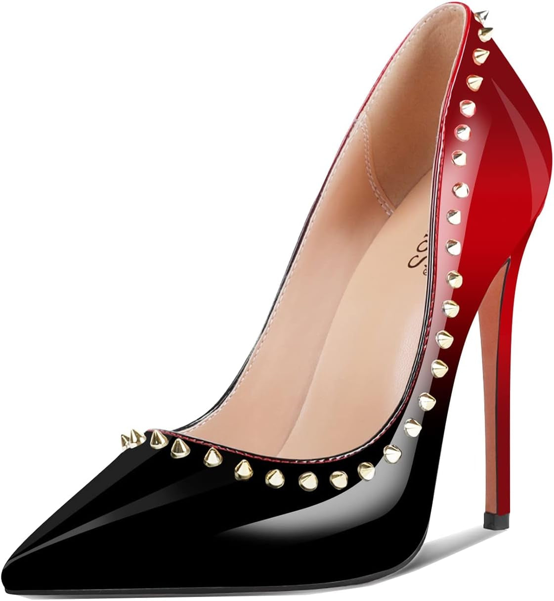 Red High Heel Rivet Studded Heels Red Black Ombre Stiletto Pumps for Women Pointed Toe Slip on Sexy High Heels