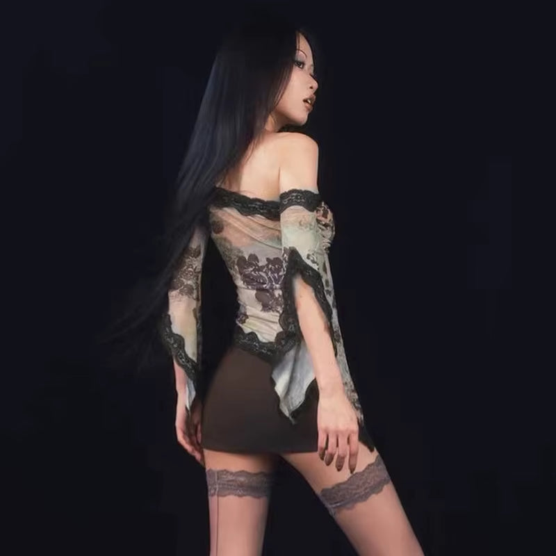 Goth Sexy Lace Mesh See through T-Shirts Aesthetic Graphic Long Sleeve Colorful Printed Crop Tops Women Summer Tees Streetwear