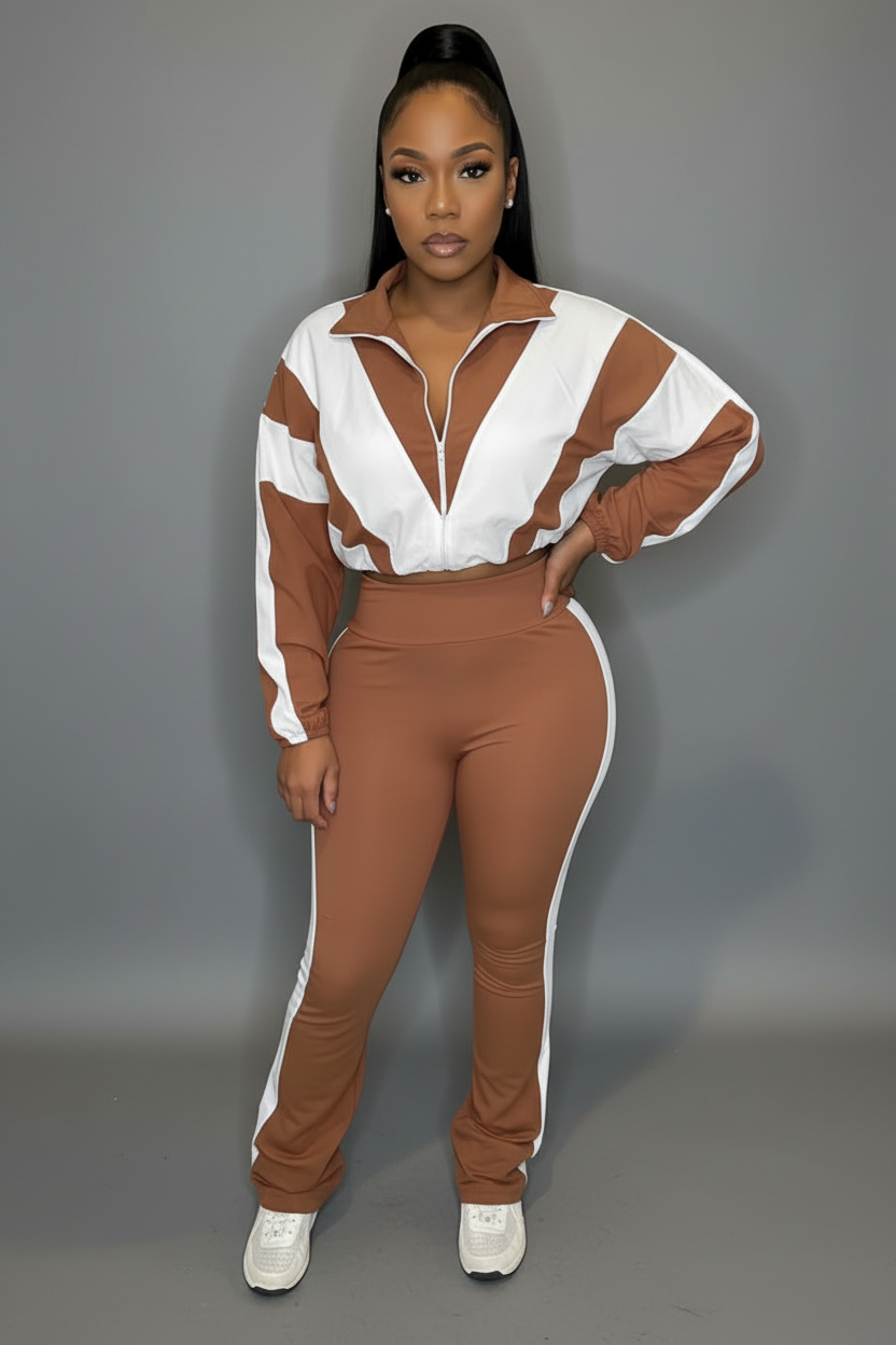 Lady Color Block Lines Two-Piece Set - Jacket & Pants