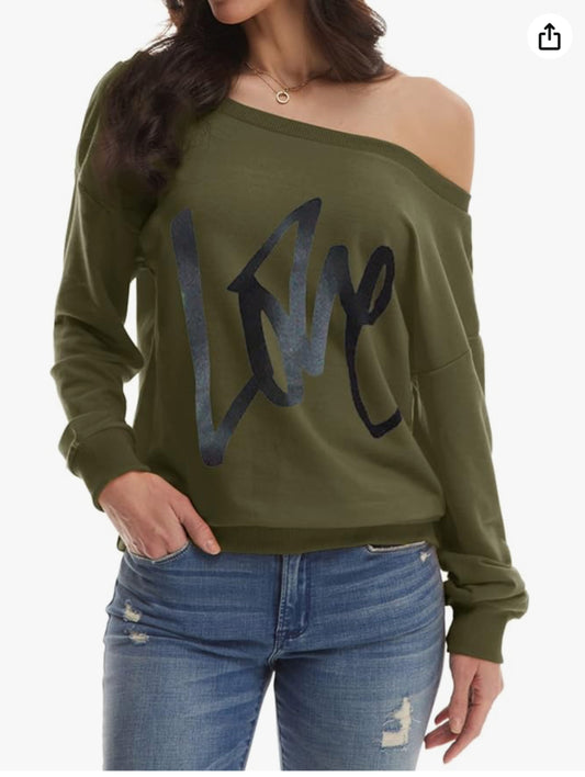 Womens Oversized Sweatshirt Love Letter Printed off Shoulder Sweatshirt Loose Slouchy Pullover Tops(Army Green,M)