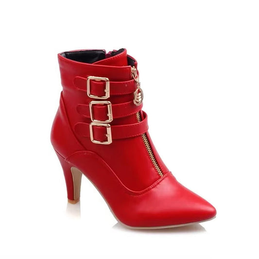 Shoes Women Boots Spring High Heels Ankle Boots Pointed Toe Buckle Boots Zip Ladies Shoes - Red
