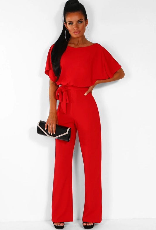 Fashion Short-Sleeved Women's Jumpsuit - Red