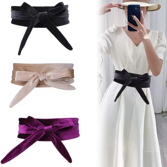 Fashion Women‘’S Velvet Dress Waist Belts Wide Corset Cinch Belts Ladies Bowknot Self Tie Wrap around Obi Waist Band Cummerbunds