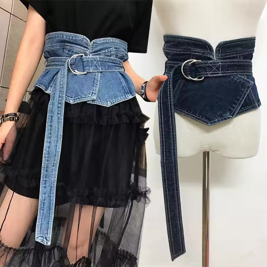 Brand Denim Fabric Women Sim Corset Belts Bandage Bowler Wide Waist Belts Vintage Washed Jean Ladies Dress Belt Cummerbund