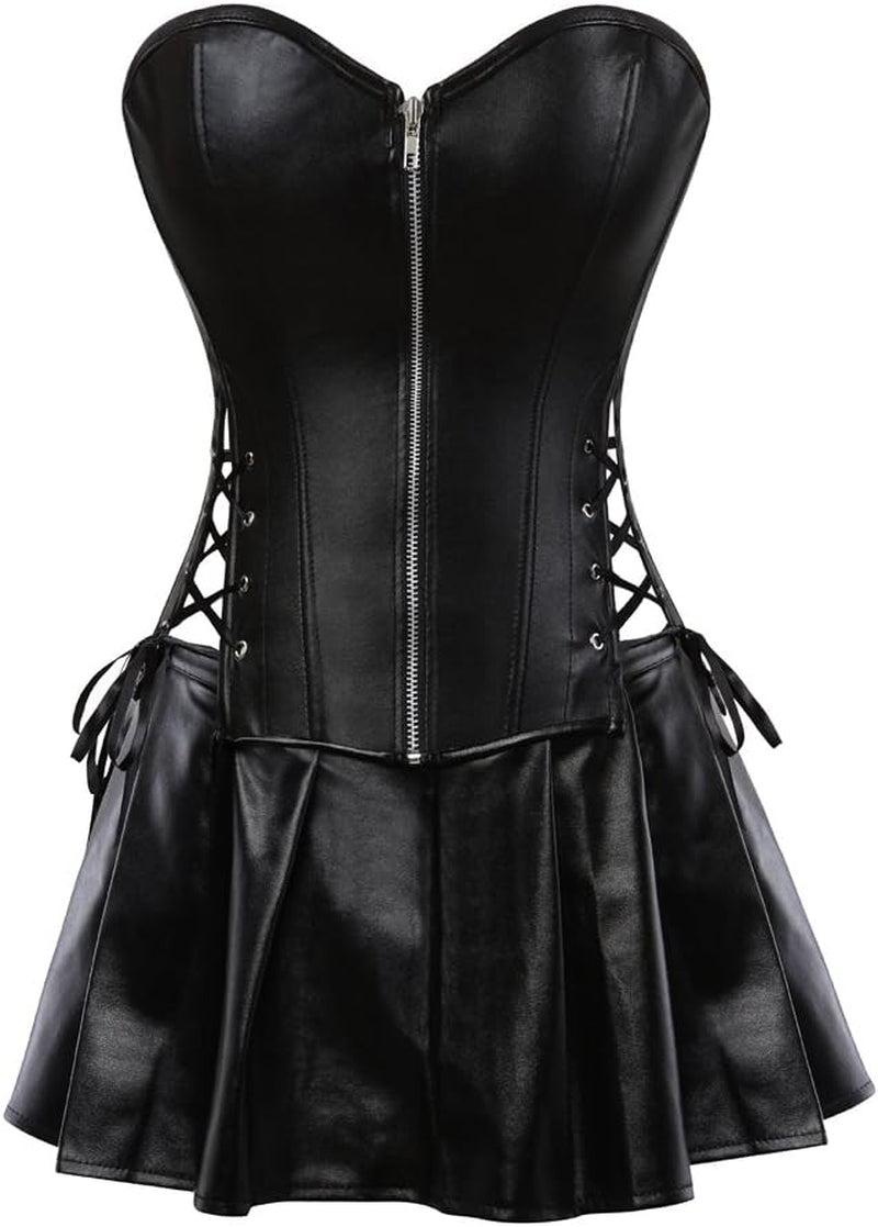 Leather Corset Tops for Women: Punk Rock Steampunk Corset with Skirt Sexy Halloween Costume Woman for Party-Goers