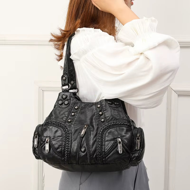 Black Y2K Women Shoulder Bag Vintage Punk Goth Fashion Designer Pu Leather Tote Bag Large Capacity Rivet Motorcycle Handbag