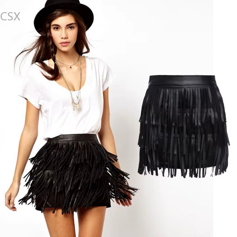 Summer Fashion Women Short Skirts Female High Waist Faux Leather Soft PU Skirt with Tassels Multi Size