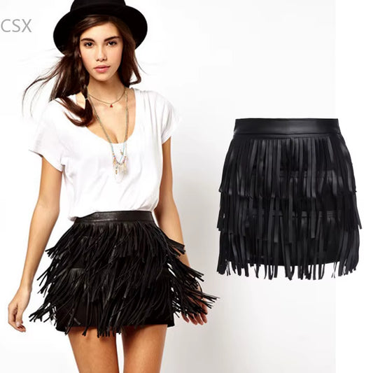 Summer Fashion Women Short Skirts Female High Waist Faux Leather Soft PU Skirt with Tassels Multi Size