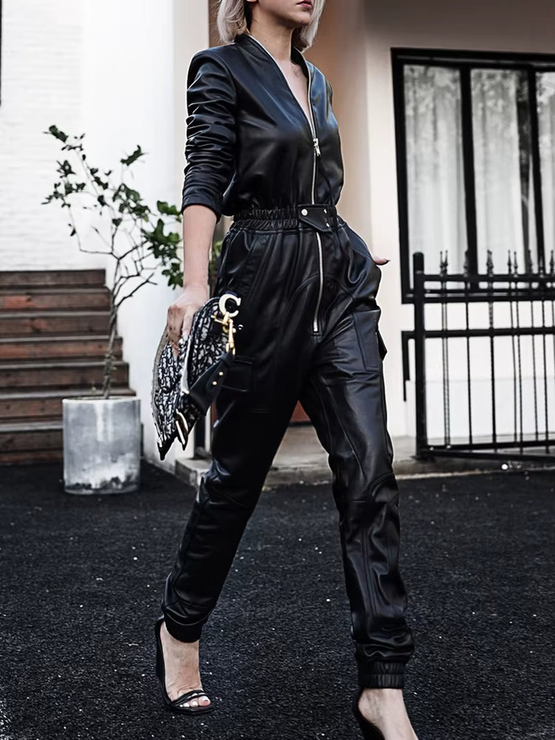 Autumn Black Soft Faux Leather Cargo Jumpsuit Women Long Sleeve Zipper Luxury Designer Clothes 5Xl 6Xl 7Xl