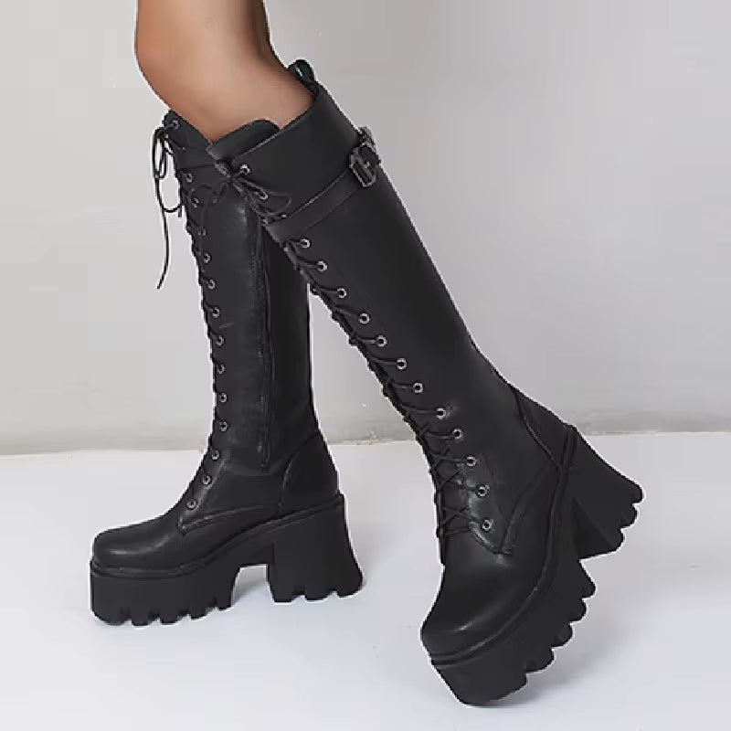 Chunky Knee High Boots Women Platform Goth Punk Heels PU Leather Black Retro Long Winter Shoes Female Lace up Rain Boot