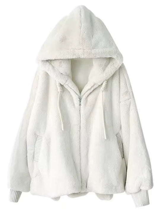 Winter White Oversized Faux Fur Jacket Women with Hood Raglan Sleeve Zipper Korean Fashion Clothing for Womens 2021