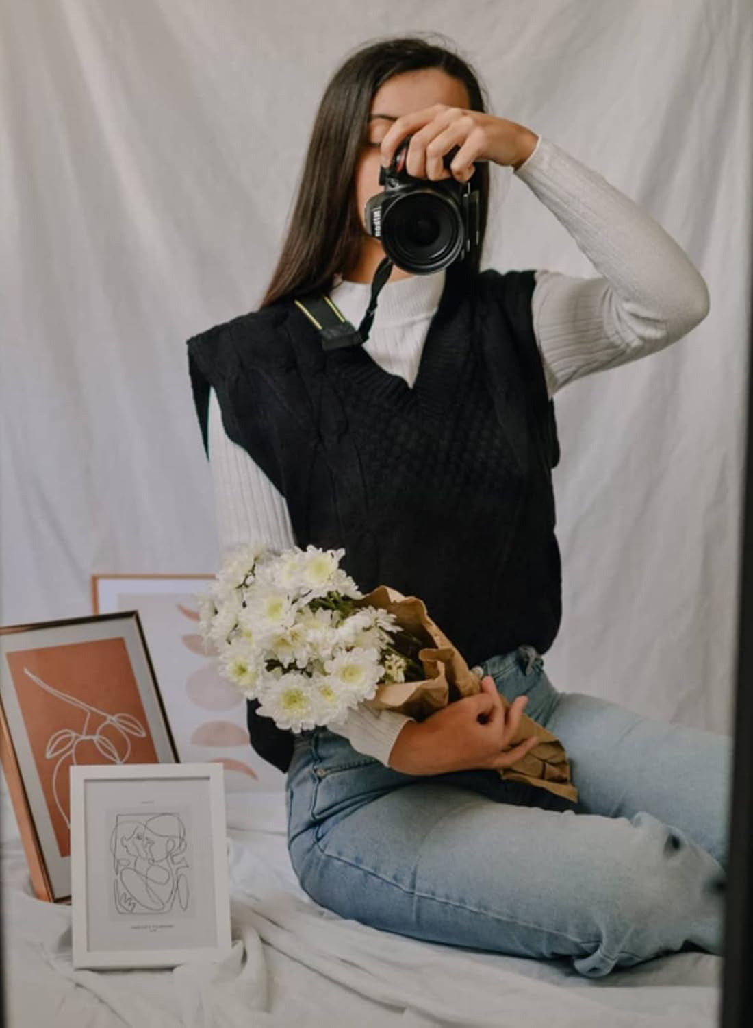 Sleeveless Sweater Vests for Women Casual V Neck Preppy Style Houndstooth Vest Knitted Tank Tops