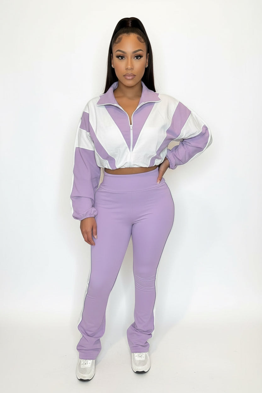 Lady Color Block Lines Two-Piece Set - Jacket & Pants