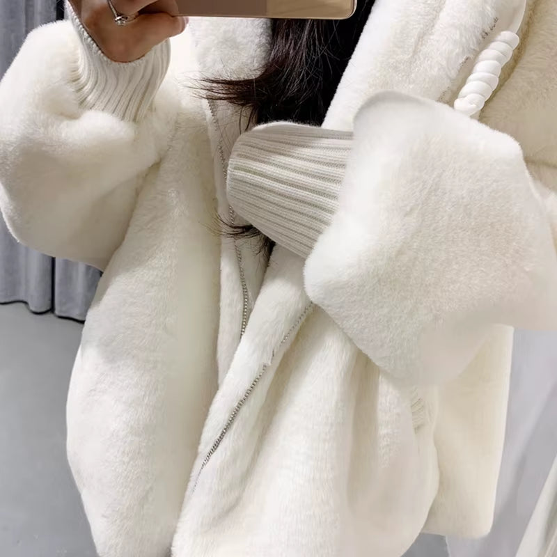 Winter White Oversized Faux Fur Jacket Women with Hood Raglan Sleeve Zipper Korean Fashion Clothing for Womens 2021