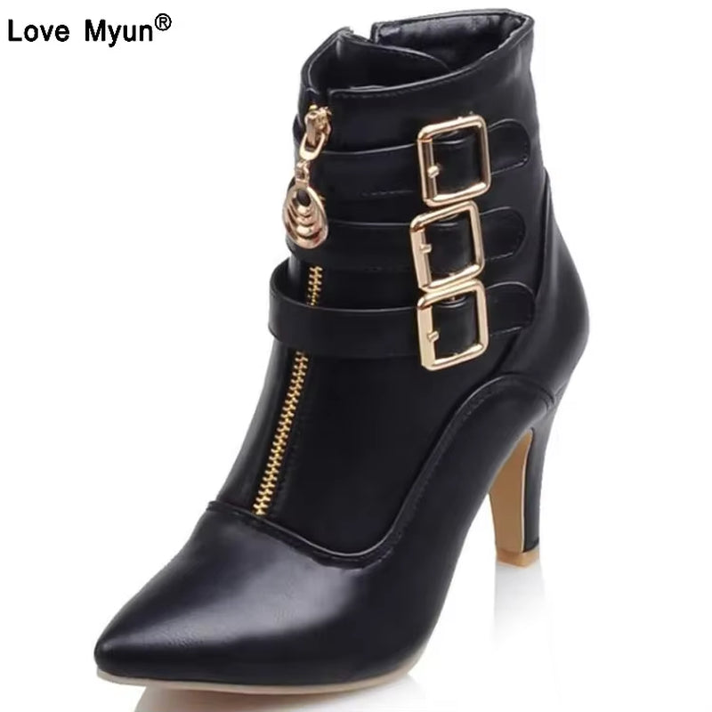 Shoes Women Boots Spring High Heels Ankle Boots Pointed Toe Buckle Boots Zip Ladies Shoes White Big Size Rtg5