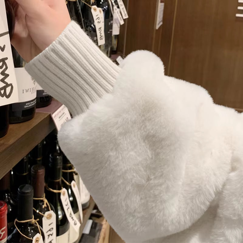 Winter White Oversized Faux Fur Jacket Women with Hood Raglan Sleeve Zipper Korean Fashion Clothing for Womens 2021