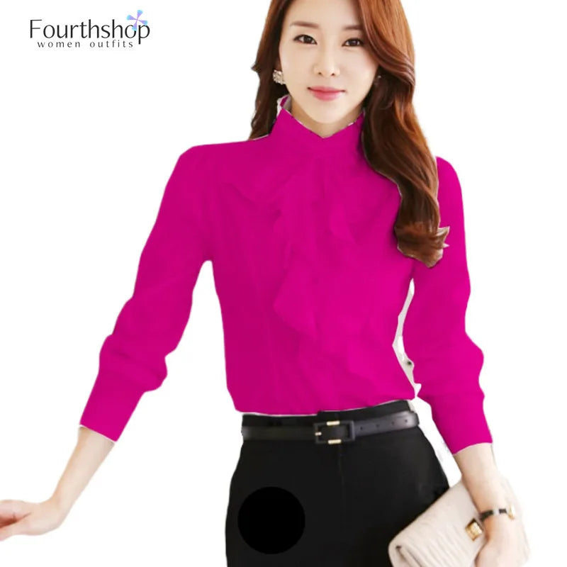 Fashion Ruffles Design Blouse Shirt Female Long Sleeve Stand Collar White Black Office Lady Work Formal Women Tops Autumn 2021