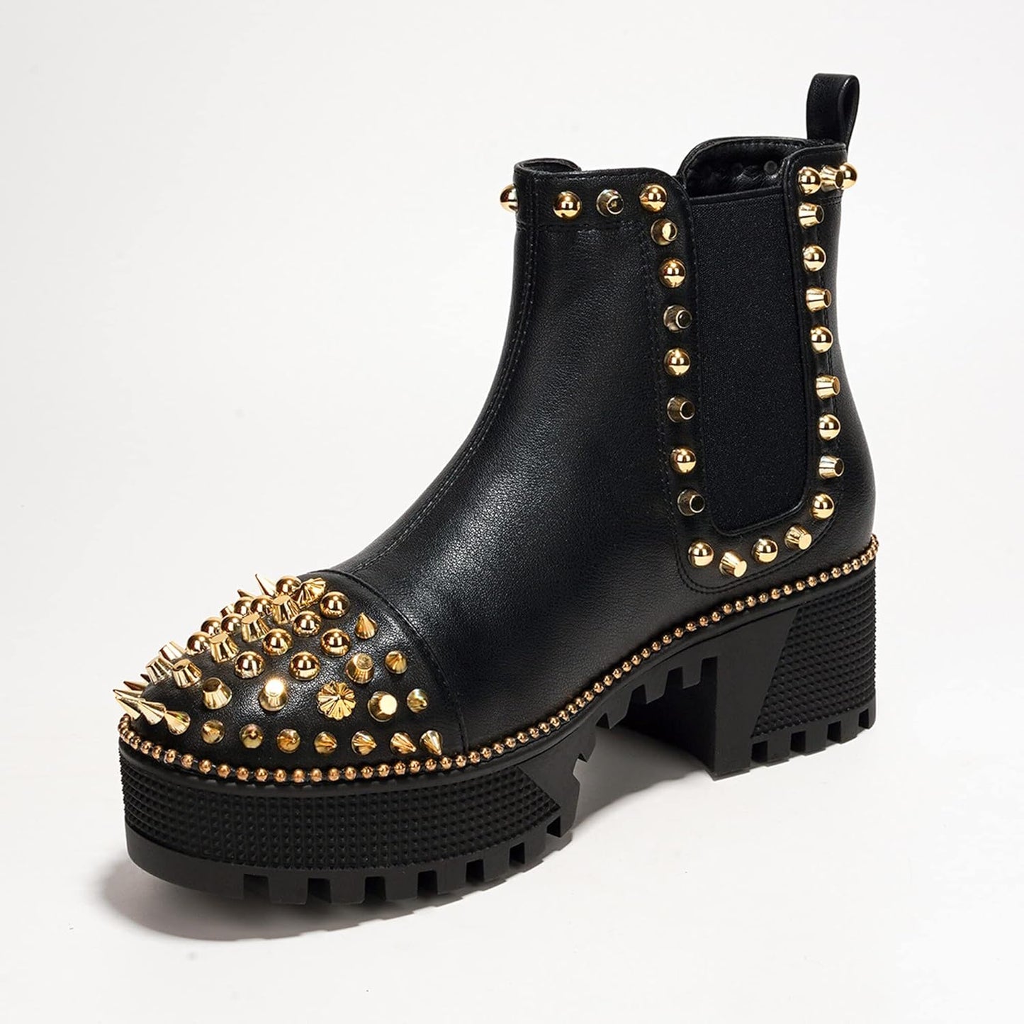 Women'S Platform Combat Boots Pull-On Ankle Booties Studded Goth Punk with Spiky Design & Chunky Heel - Size