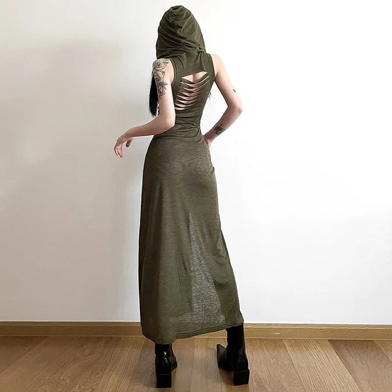 Cyber Gothic Desert Walker Hooded Dresses Y2K Punk Grunge Hollow Out Midi Dress Women Sexy Split Side Solid Streetwear