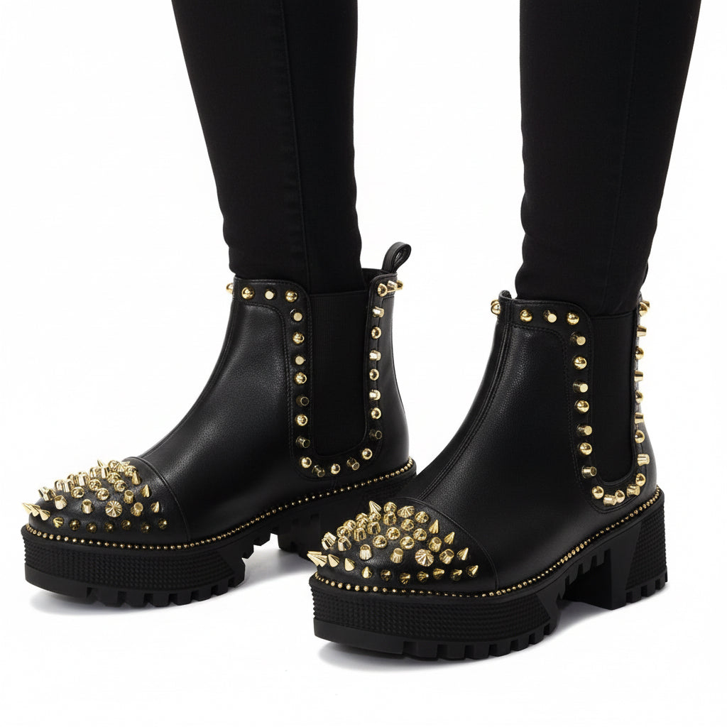 Women'S Platform Combat Boots Pull-On Ankle Booties Studded Goth Punk with Spiky Design & Chunky Heel - Size