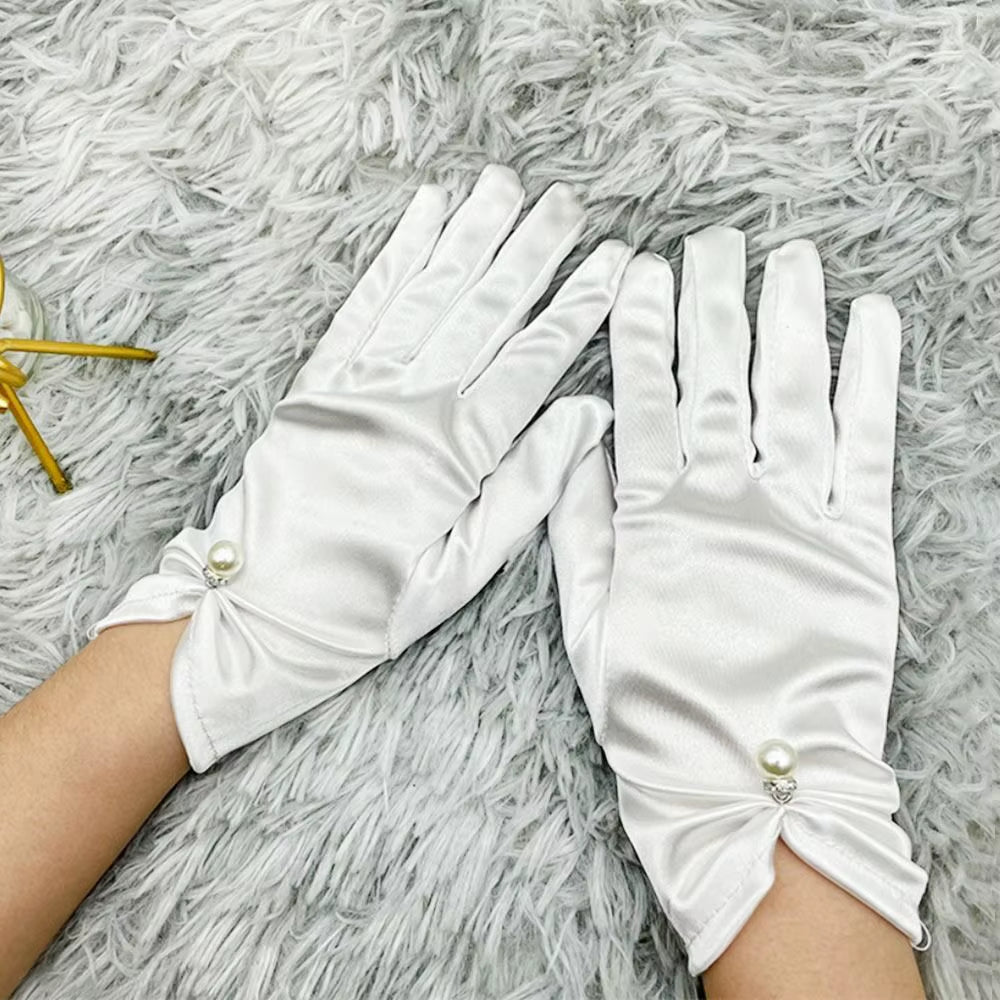 White Satin Bride Gloves Bowknot Lace Wedding Gloves Wedding Dress Gloves Etiquette Hand Wedding Dress Accessories