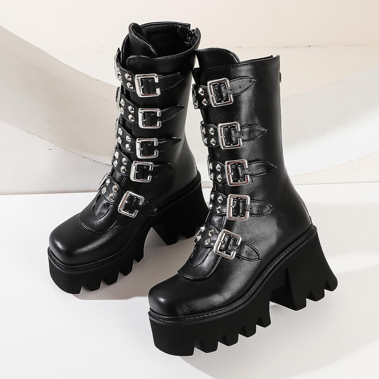 Black Platform Goth Boots for Women Studded Wide Mid Calf Combat Punk Boots round Toe Buckle Chunky Heel Back Zipper Thick Sole Ankle Booties