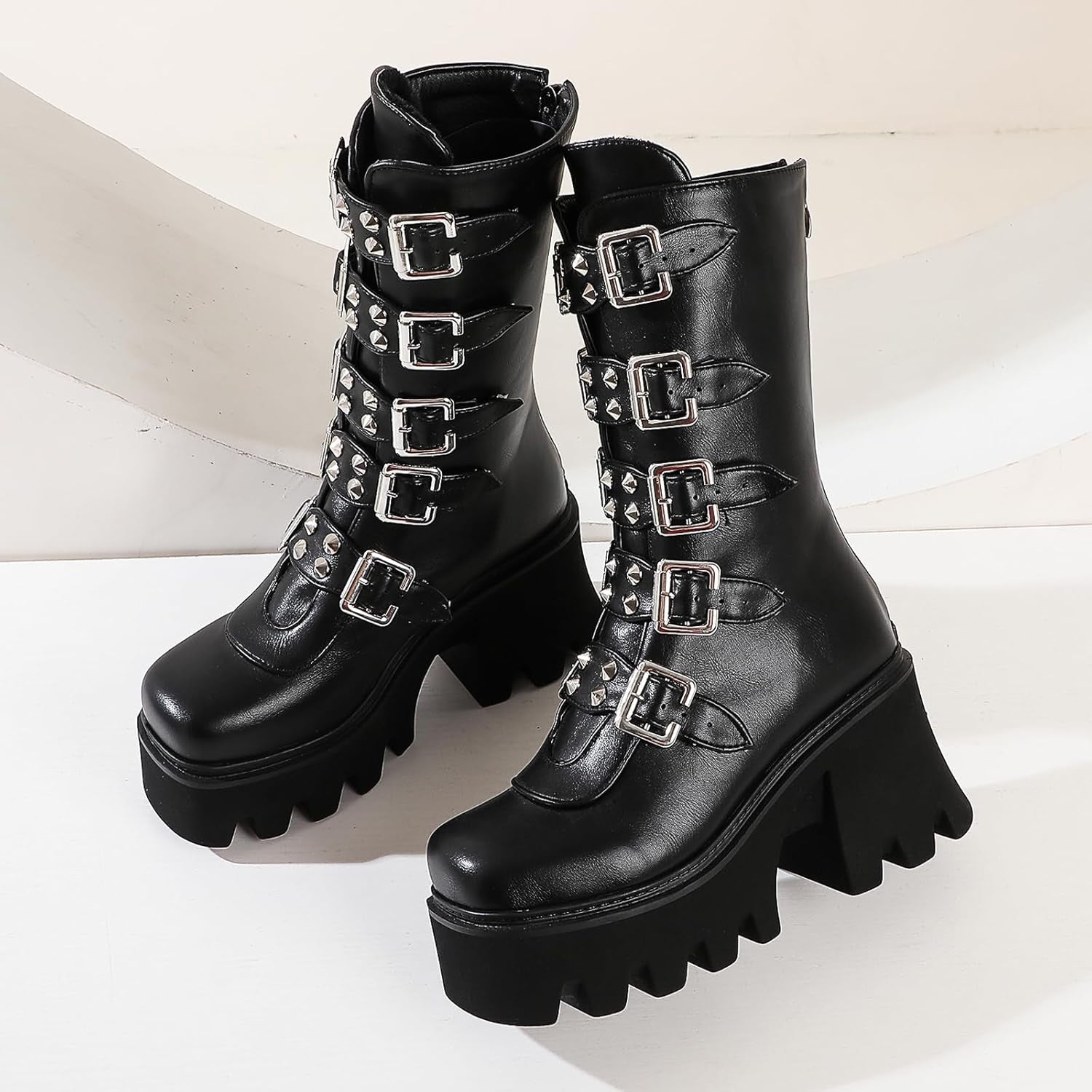 Black Platform Goth Boots for Women Studded Wide Mid Calf Combat Punk Boots round Toe Buckle Chunky Heel Back Zipper Thick Sole Ankle Booties