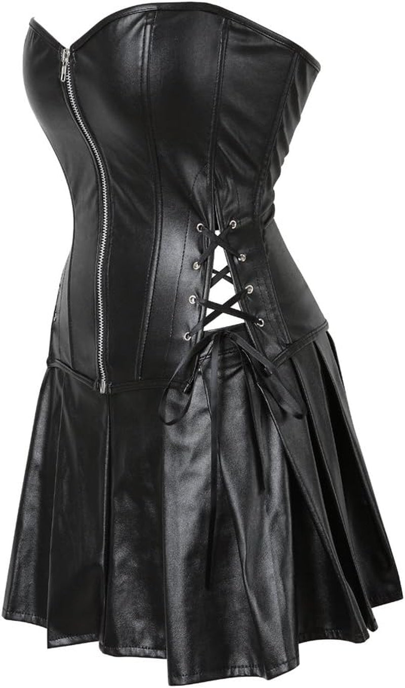 Leather Corset Tops for Women: Punk Rock Steampunk Corset with Skirt Sexy Halloween Costume Woman for Party-Goers