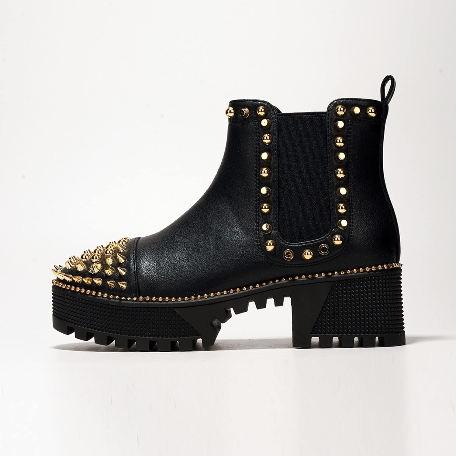 Women'S Platform Combat Boots Pull-On Ankle Booties Studded Goth Punk with Spiky Design & Chunky Heel - Size