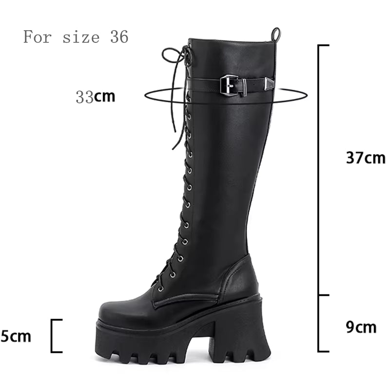 Chunky Knee High Boots Women Platform Goth Punk Heels PU Leather Black Retro Long Winter Shoes Female Lace up Rain Boot