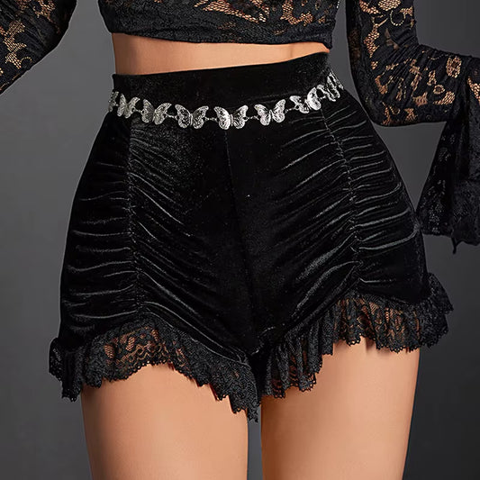 Mall Gothic Velvet Ruched Sexy Shorts Skirts E-Girl Grunge High Waist Skinny Bottoms Women Lace Hem Autumn Alt Clothes