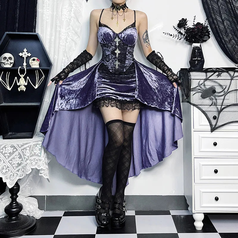 Gorgeous Victoria Gothic Velvet A-Line Dresses Female Elegant Evening Lolita Partywear Grunge Sling Lace Hem Alt Cloth