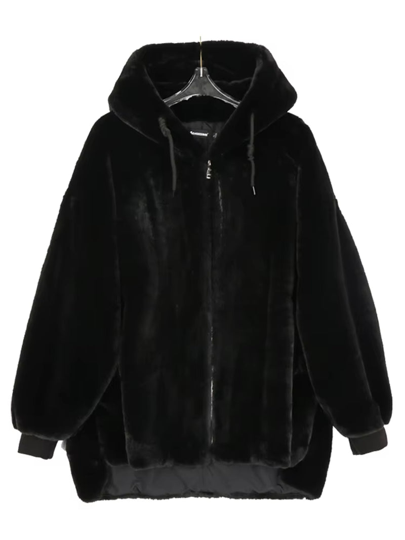 Winter White Oversized Faux Fur Jacket Women with Hood Raglan Sleeve Zipper Korean Fashion Clothing for Womens 2021