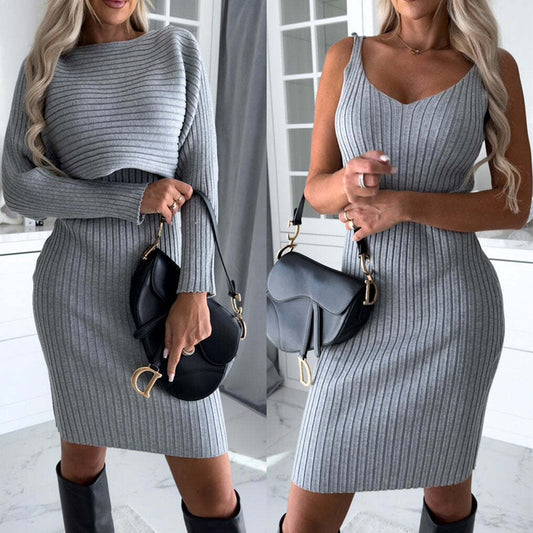 2-Piece Knit Set - Long Sleeve Top & Suspender Skirt Outfit
