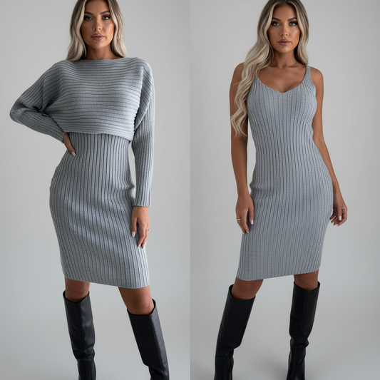 2-Piece Knit Set - Long Sleeve Top & Suspender Skirt Outfit